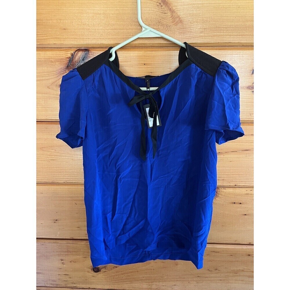 $250 Maje Womens Silk Short Sleeve Key Hole Neck Blouse Blue Black Size 1